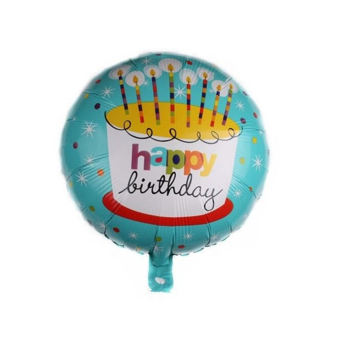 Balon Aniversar Happy Birthday, Figurina Rotunda cu Model Tort, Folie Metalizata, Umflare Aer sau Heliu, include Pai, 45 cm, Albastru