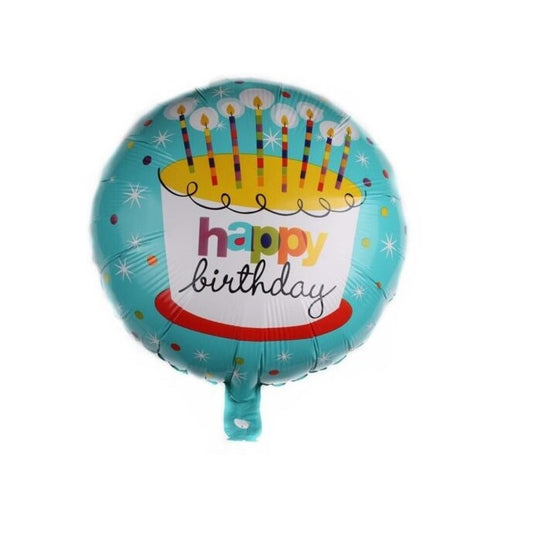 Balon Aniversar Happy Birthday, Figurina Rotunda cu Model Tort, Folie Metalizata, Umflare Aer sau Heliu, include Pai, 45 cm, Albastru