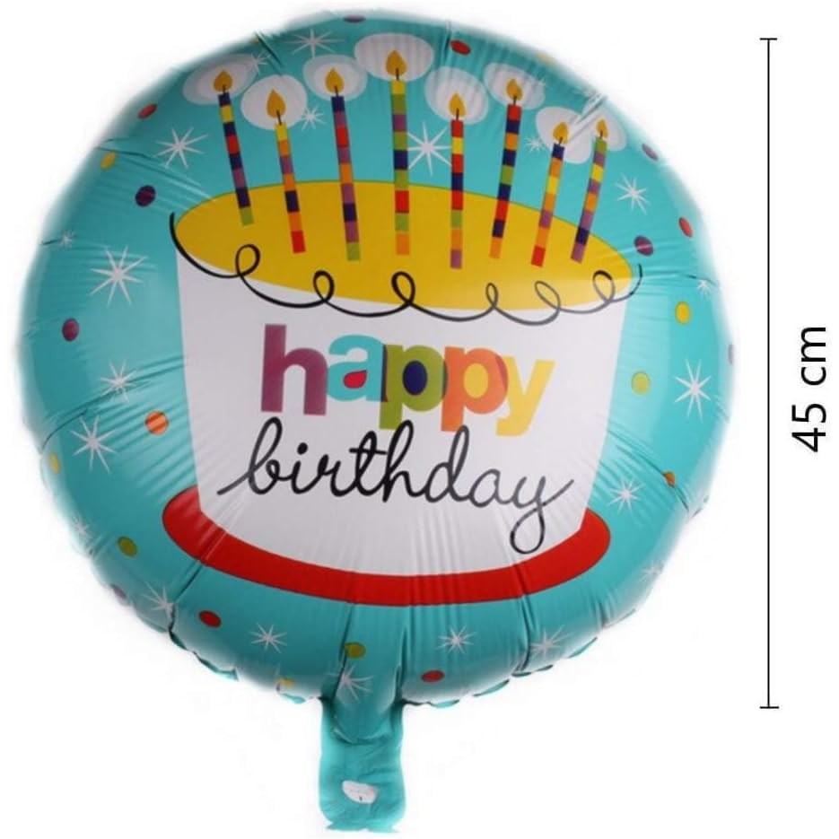 Balon Aniversar Happy Birthday, Figurina Rotunda cu Model Tort, Folie Metalizata, Umflare Aer sau Heliu, include Pai, 45 cm, Albastru