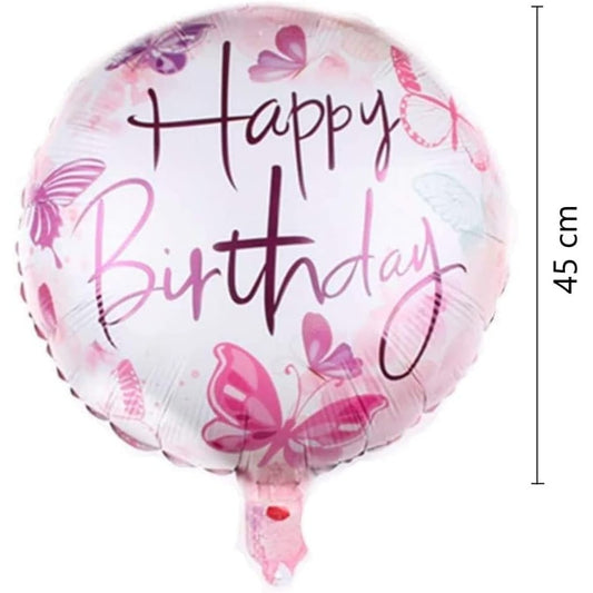 Balon Aniversar Happy Birthday cu Fluturasi, Figurina Rotunda din Folie Metalizata, Umflare Aer sau Heliu, include Pai, 45 cm, Roz