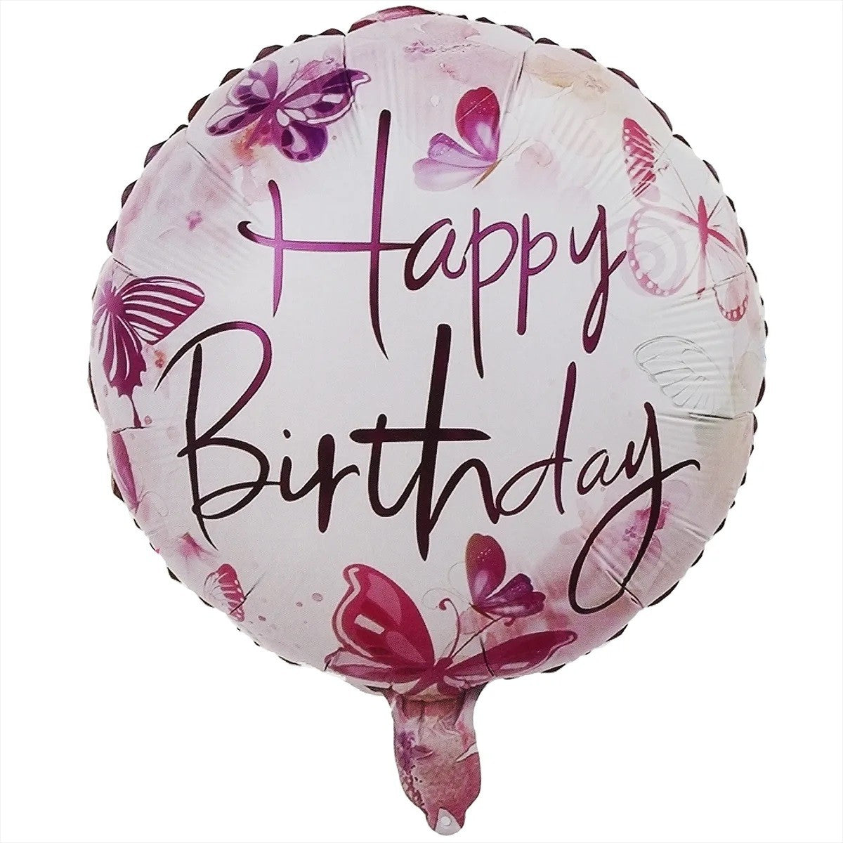 Balon Aniversar Happy Birthday cu Fluturasi, Figurina Rotunda din Folie Metalizata, Umflare Aer sau Heliu, include Pai, 45 cm, Roz
