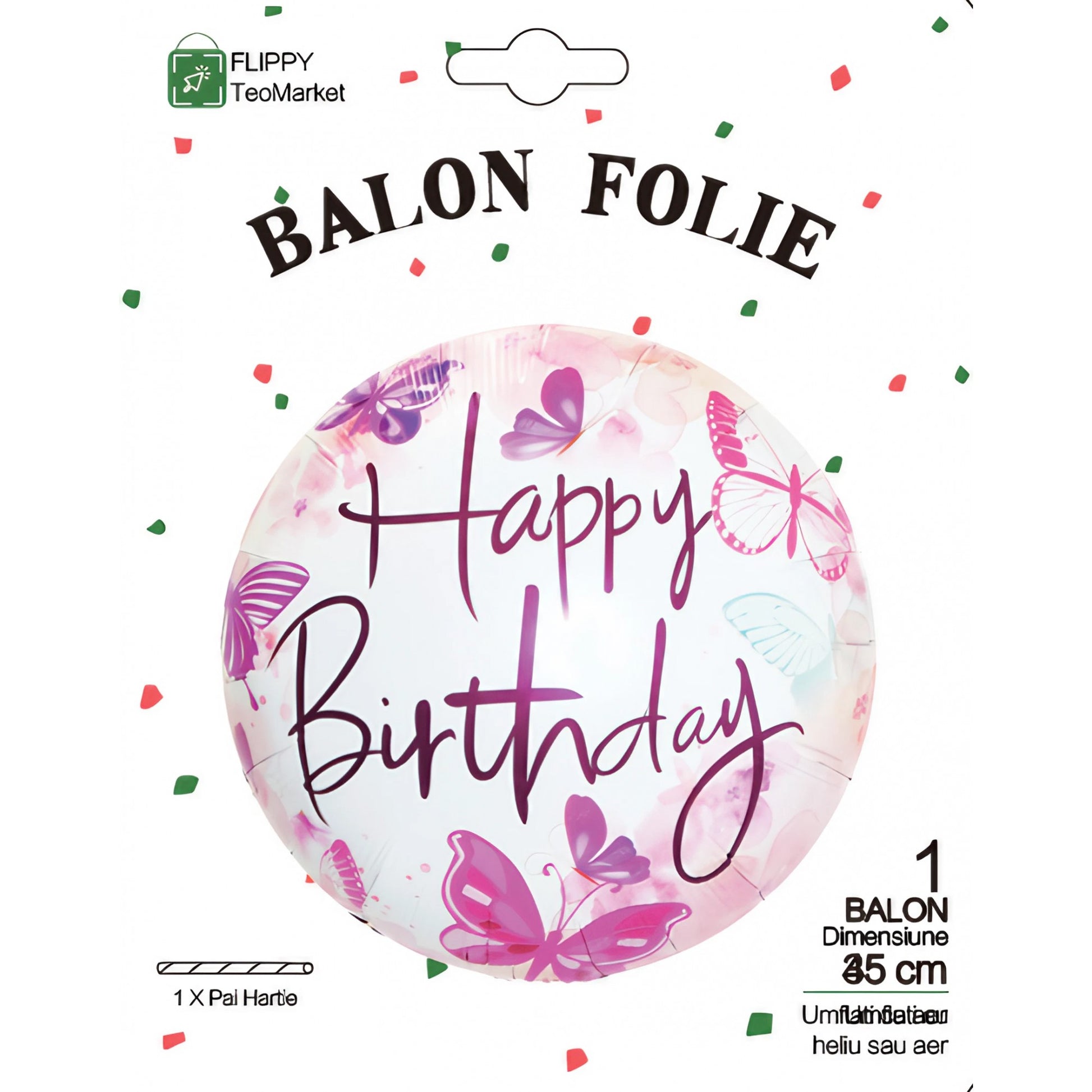 Balon Aniversar Happy Birthday cu Fluturasi, Figurina Rotunda din Folie Metalizata, Umflare Aer sau Heliu, include Pai, 45 cm, Roz
