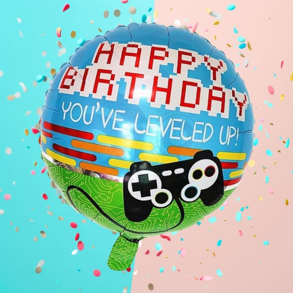 Balon Aniversar Happy Birthday Gamer, Figurina Rotunda din Folie Metalizata, Umflare Aer sau Heliu, Albastru, 45 cm