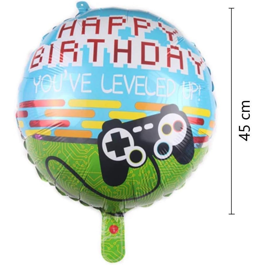 Balon Aniversar Happy Birthday Gamer, Figurina Rotunda din Folie Metalizata, Umflare Aer sau Heliu, Albastru, 45 cm