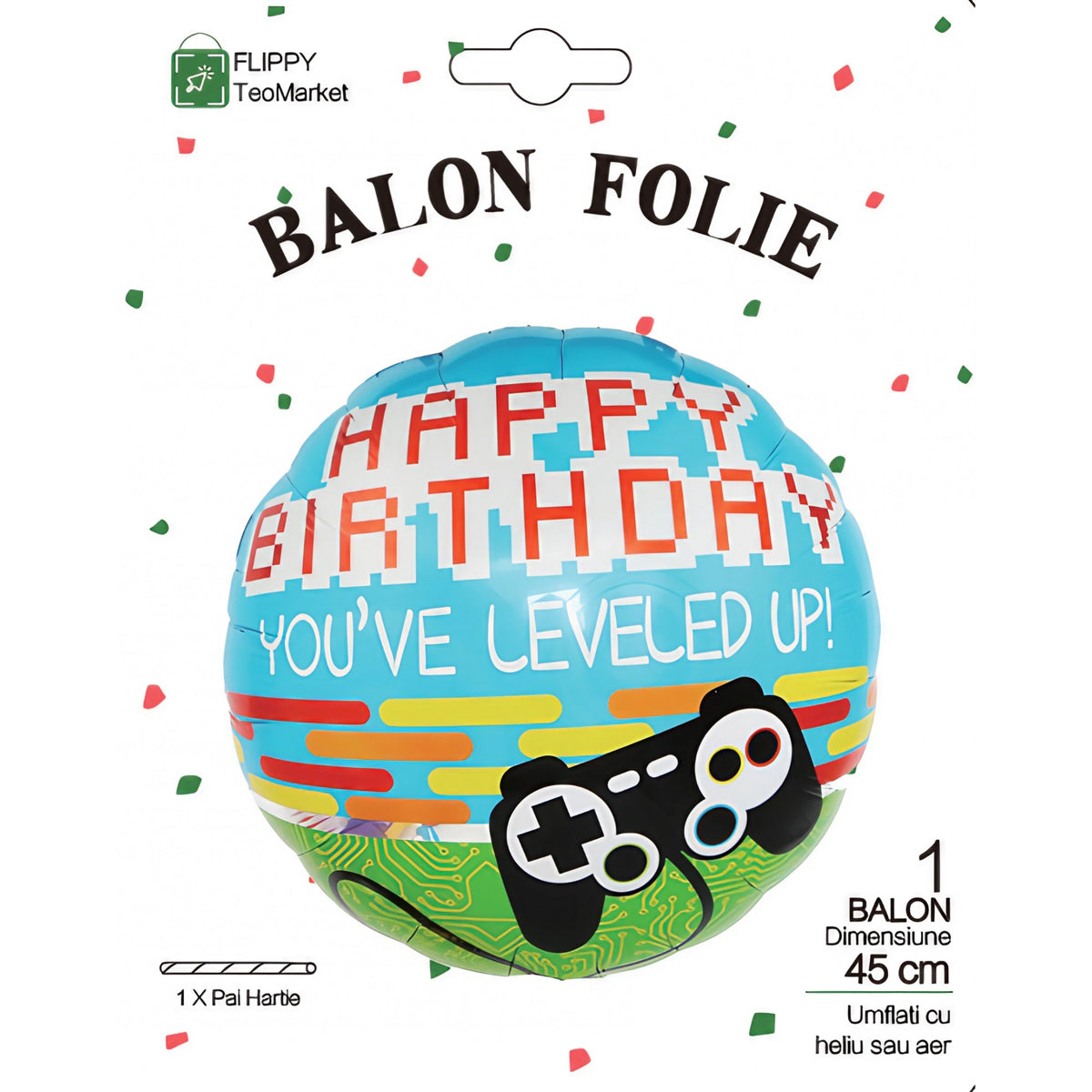 Balon Aniversar Happy Birthday Gamer, Figurina Rotunda din Folie Metalizata, Umflare Aer sau Heliu, Albastru, 45 cm