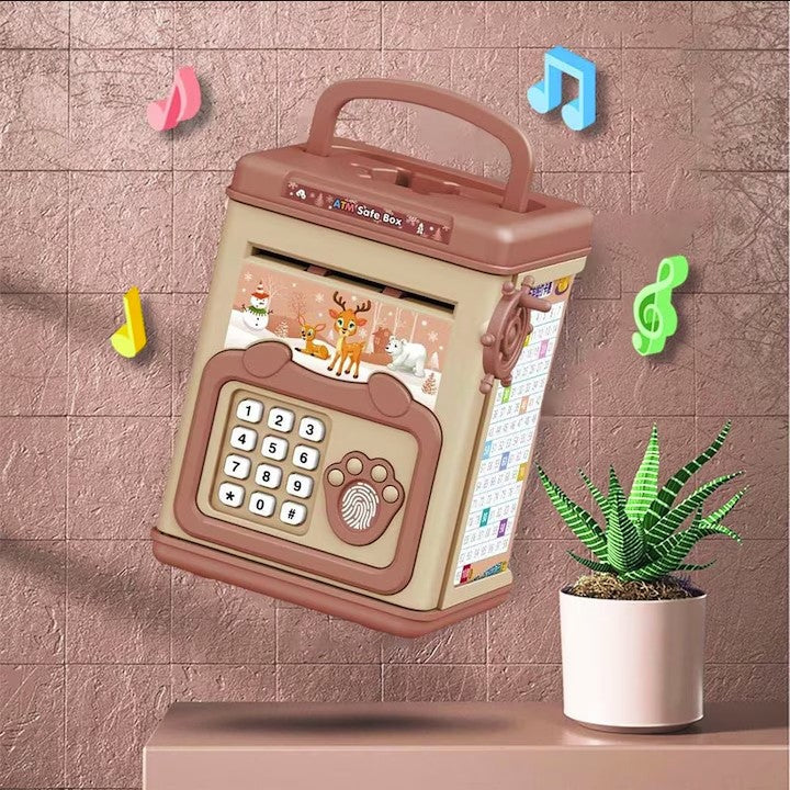 Pusculita pentru Copii Smart Box, Seif Electronic Tip ATM cu Efecte Sonore si Muzica, Slot Automat pentru Bancnote, Parola si Amprenta, Plastic Rezistent, 20 x 13.5 x 11.5 cm, Roz