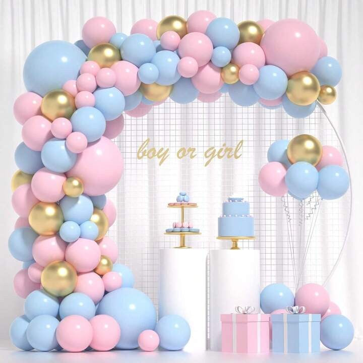 Set Arcada Baloane Baby Shower, Decoratiuni Petrecere din Latex, Kit 106 Piese, Marimi Mixte 12-30-45 cm, Roz, Albastru si Auriu
