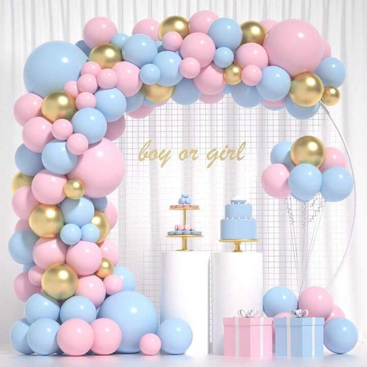 Set Arcada Baloane Baby Shower, Decoratiuni Petrecere din Latex, Kit 106 Piese, Marimi Mixte 12-30-45 cm, Roz, Albastru si Auriu