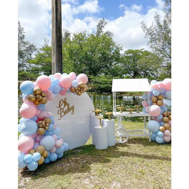 Set Arcada Baloane Baby Shower, Decoratiuni Petrecere din Latex, Kit 106 Piese, Marimi Mixte 12-30-45 cm, Roz, Albastru si Auriu