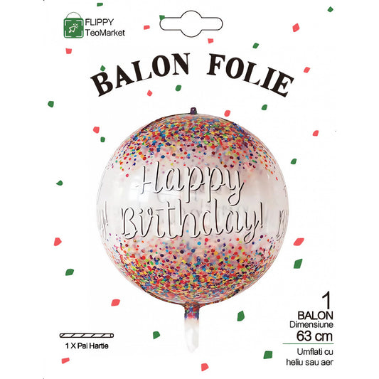Balon din Folie Metalizata, Figurina Rotunda 4D, Model Happy Birthday, Tema Aniversare, Umflare Aer sau Heliu, include Pai, 24 x 63 cm, Maro