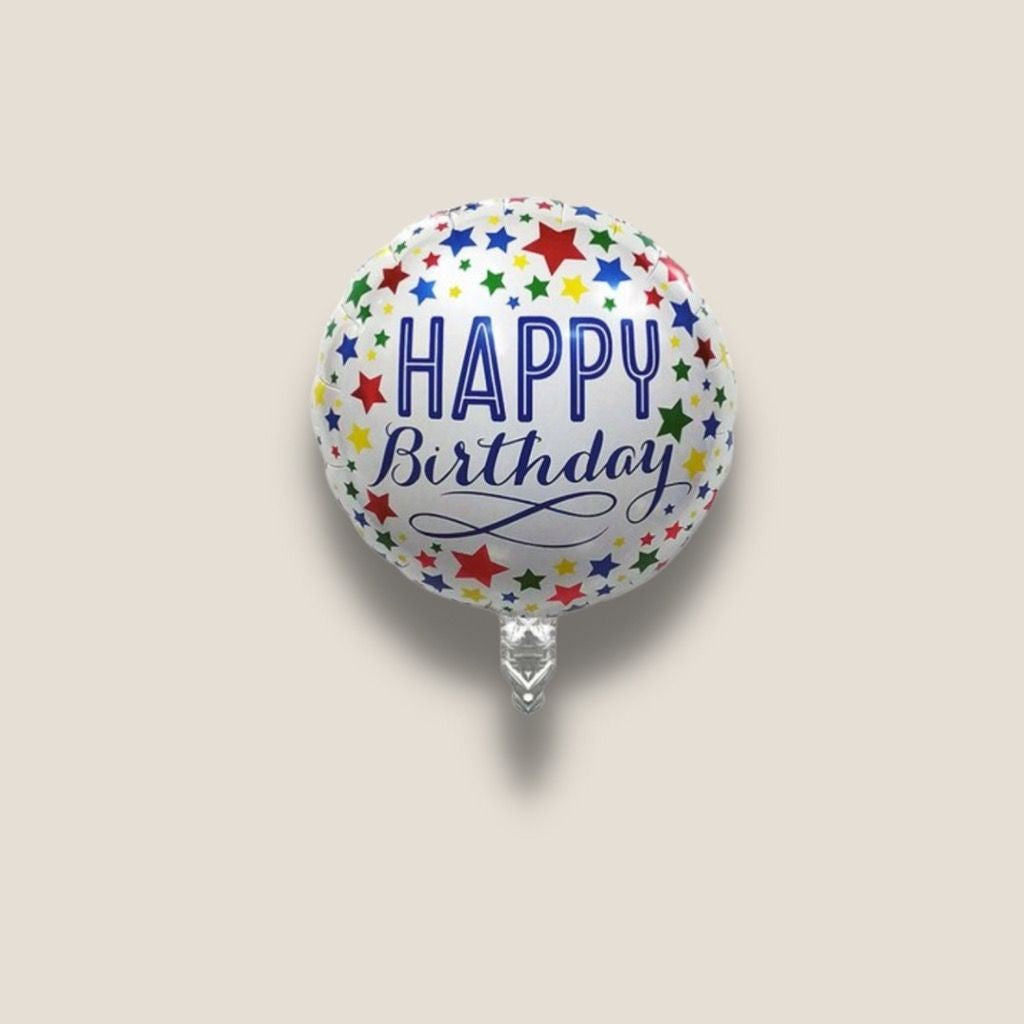 Balon Aniversar Happy Birthday, Figurina Rotunda din Folie Metalizata, Umflare cu Aer sau Heliu, Ambalaj Individual cu Pai Inclus, 45 cm, Multicolor