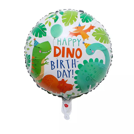 Balon Aniversar Happy Birthday cu Dinozauri, Figurina Rotunda din Folie Metalizata, Compatibil Aer sau Heliu, Include Pai Umflare, 45 cm, Multicolor