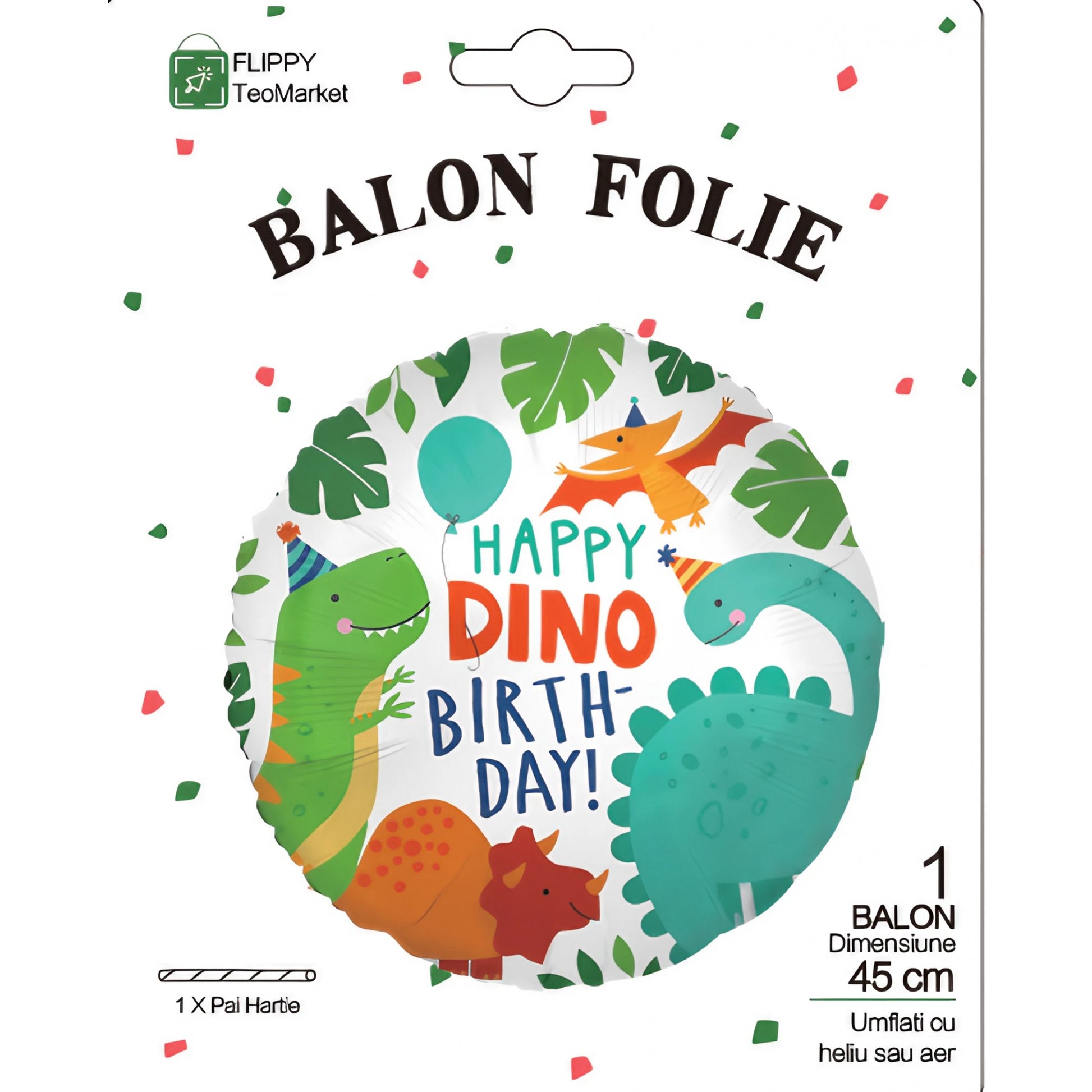 Balon Aniversar Happy Birthday cu Dinozauri, Figurina Rotunda din Folie Metalizata, Compatibil Aer sau Heliu, Include Pai Umflare, 45 cm, Multicolor