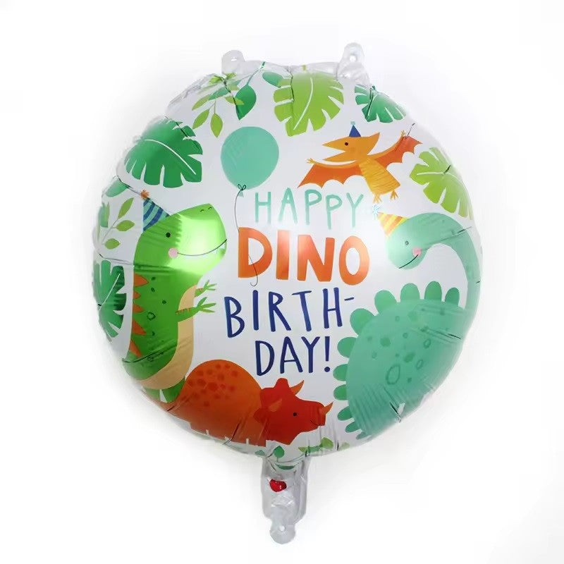 Balon Aniversar Happy Birthday cu Dinozauri, Figurina Rotunda din Folie Metalizata, Compatibil Aer sau Heliu, Include Pai Umflare, 45 cm, Multicolor