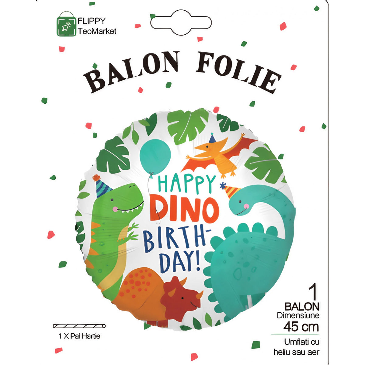 Balon Aniversar Happy Birthday cu Dinozauri, Figurina Rotunda din Folie Metalizata, Compatibil Aer sau Heliu, Include Pai Umflare, 45 cm, Multicolor