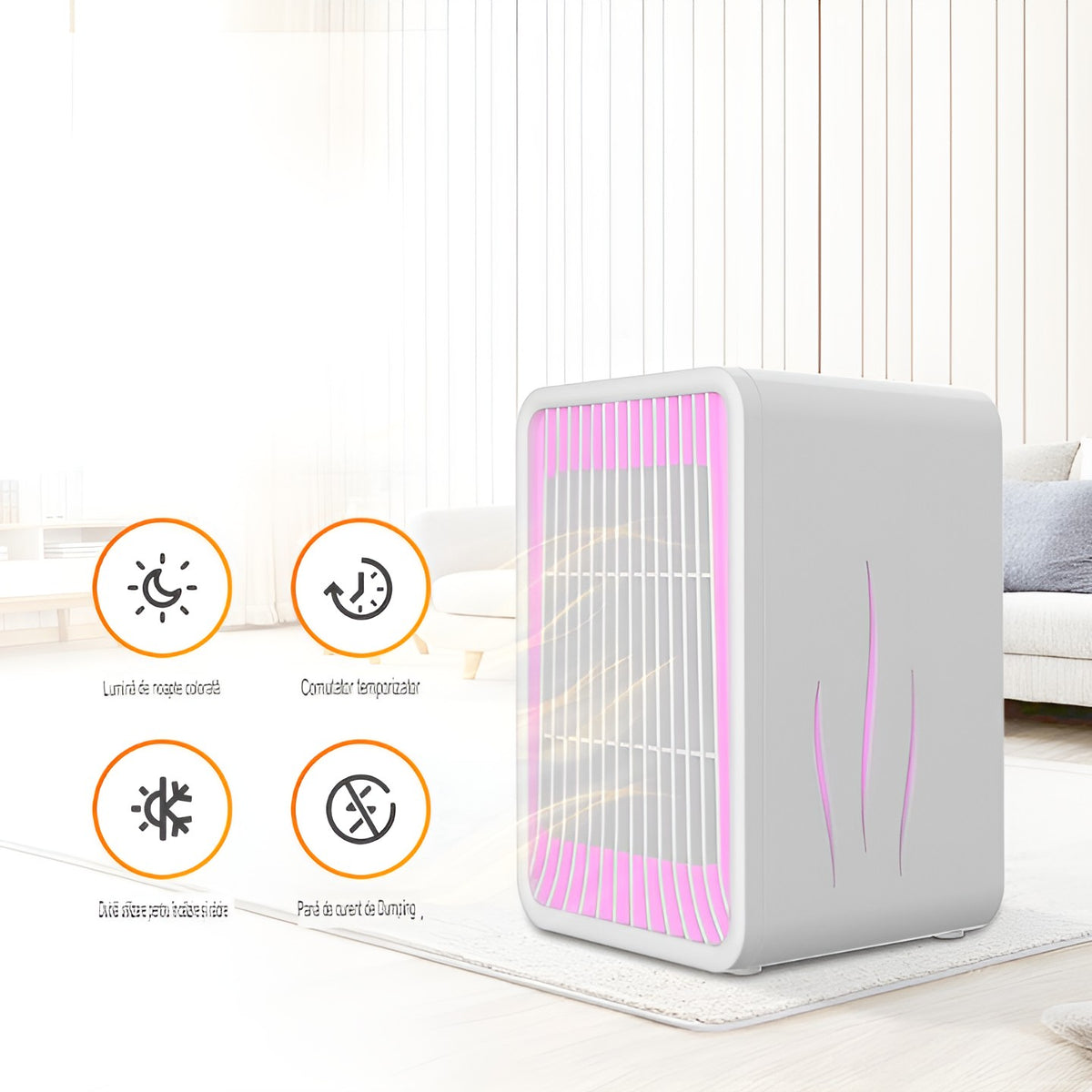 Mini Incalzitor pentru Birou, Aeroterma Portabila cu Functie de Incalzire si Racire, 3 Trepte Putere 1000-1200W, Lumini Indicatoare, Maner Transport, Cablu 1.5 m, 15.3x13.8x22.5 cm, Alb