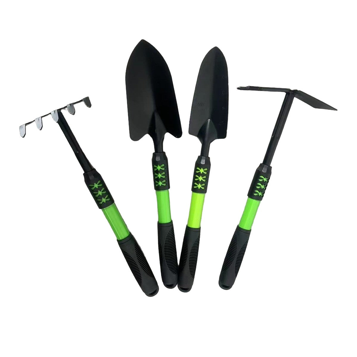 Set 4 Unelte Grădinărit, Oțel Carbon și Mâner PVC, Greblă, Săpăligă, Lopată Lată și Îngustă, Negru/Verde, 43 x 11 cm