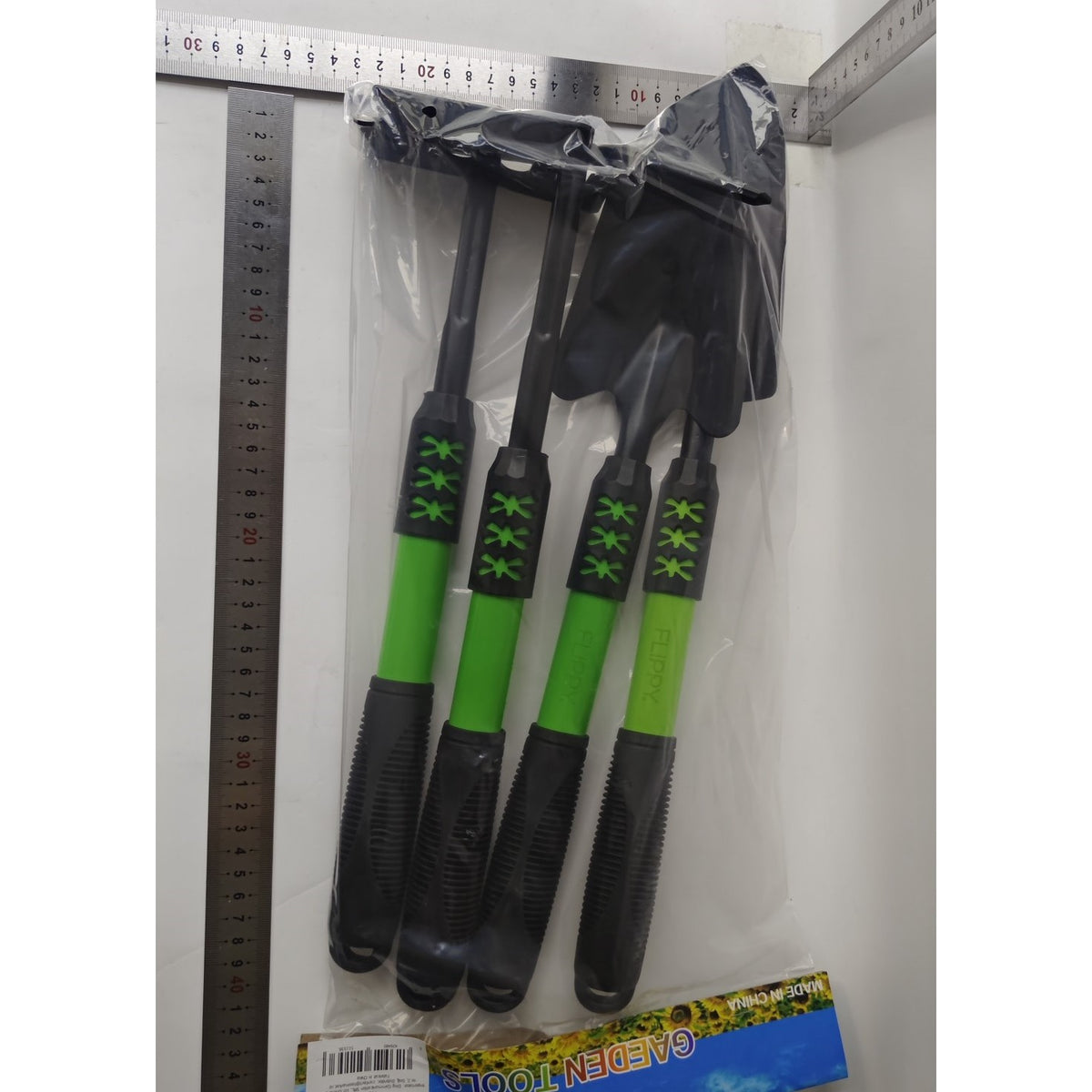 Set 4 Unelte Grădinărit, Oțel Carbon și Mâner PVC, Greblă, Săpăligă, Lopată Lată și Îngustă, Negru/Verde, 43 x 11 cm