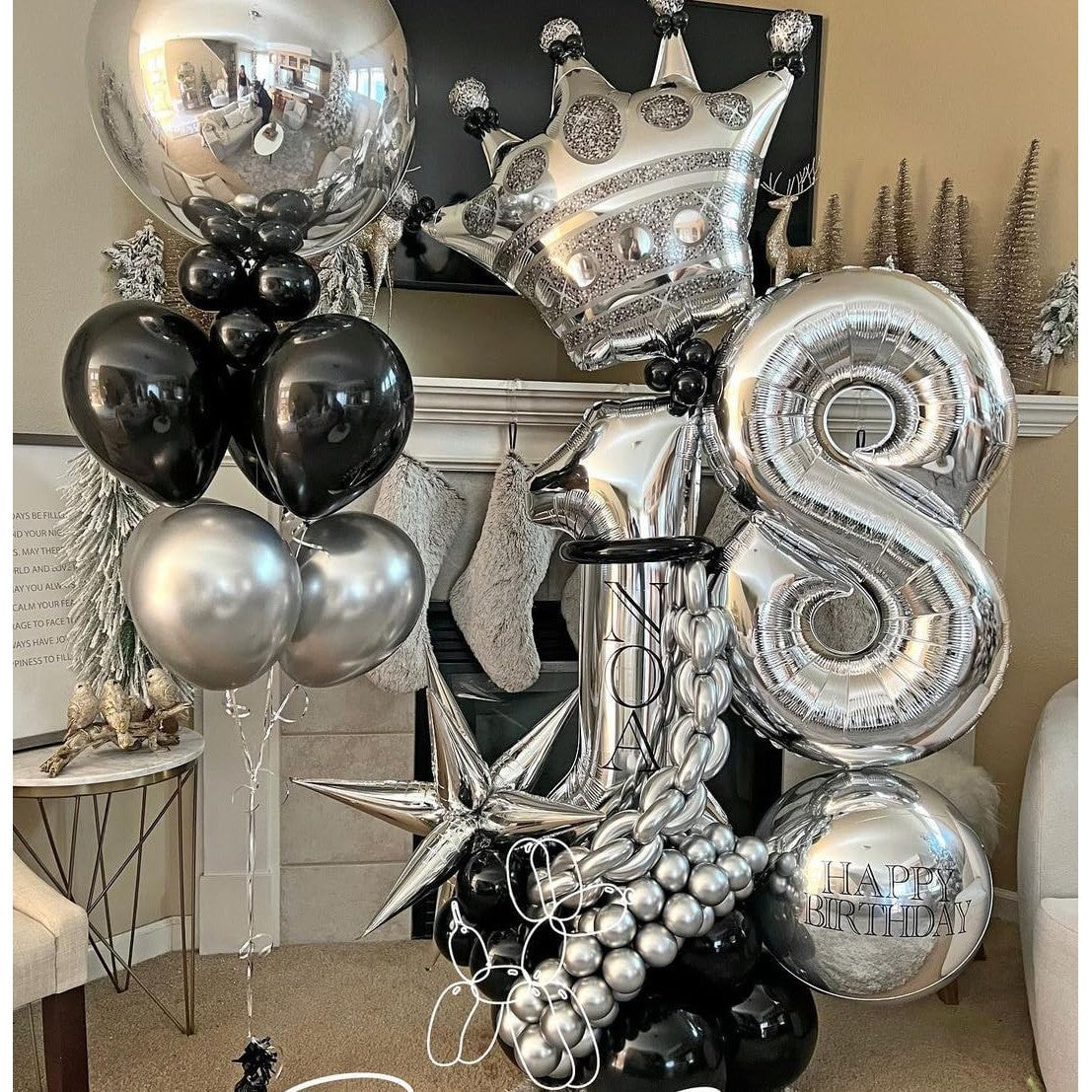 Set 10 Baloane din Latex Chrome, Model Party pentru Petreceri, Compatibile Aer sau Heliu, 23 cm, Negru și Argintiu, 2.2 g