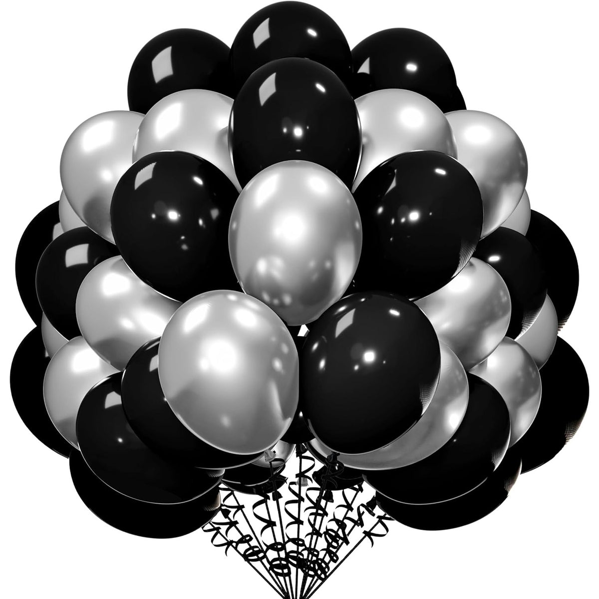 Set 10 Baloane din Latex Chrome, Model Party pentru Petreceri, Compatibile Aer sau Heliu, 23 cm, Negru și Argintiu, 2.2 g