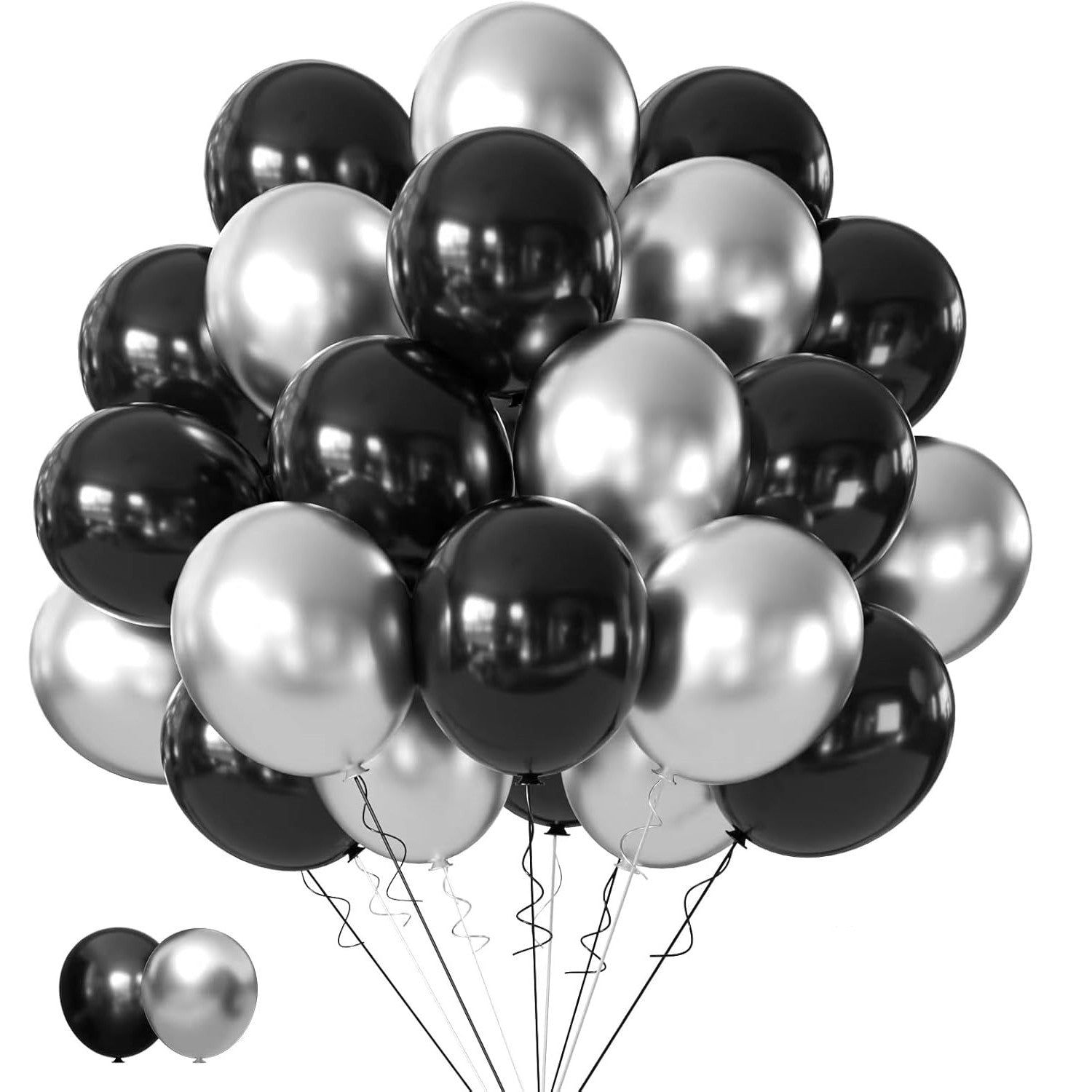 Set 10 Baloane din Latex Chrome, Model Party pentru Petreceri, Compatibile Aer sau Heliu, 23 cm, Negru și Argintiu, 2.2 g