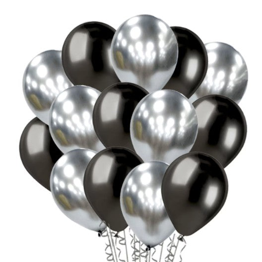 Set 10 Baloane din Latex Chrome, Model Party pentru Petreceri, Compatibile Aer sau Heliu, 23 cm, Negru și Argintiu, 2.2 g