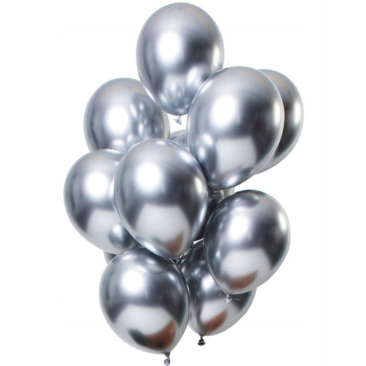 Set 10 Baloane din Latex Chrome, Model Party pentru Petrecere, Efect Metalizat Sclipitor, Argintiu Silver, 13 cm