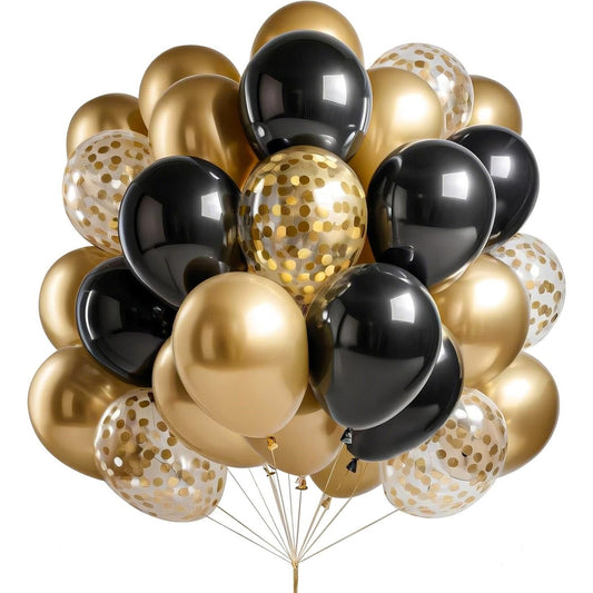 Set 16 Baloane Party din Latex și Confetti, Accesorii Decor Petrecere, Compatibile Aer sau Heliu, 30 cm, Auriu și Negru