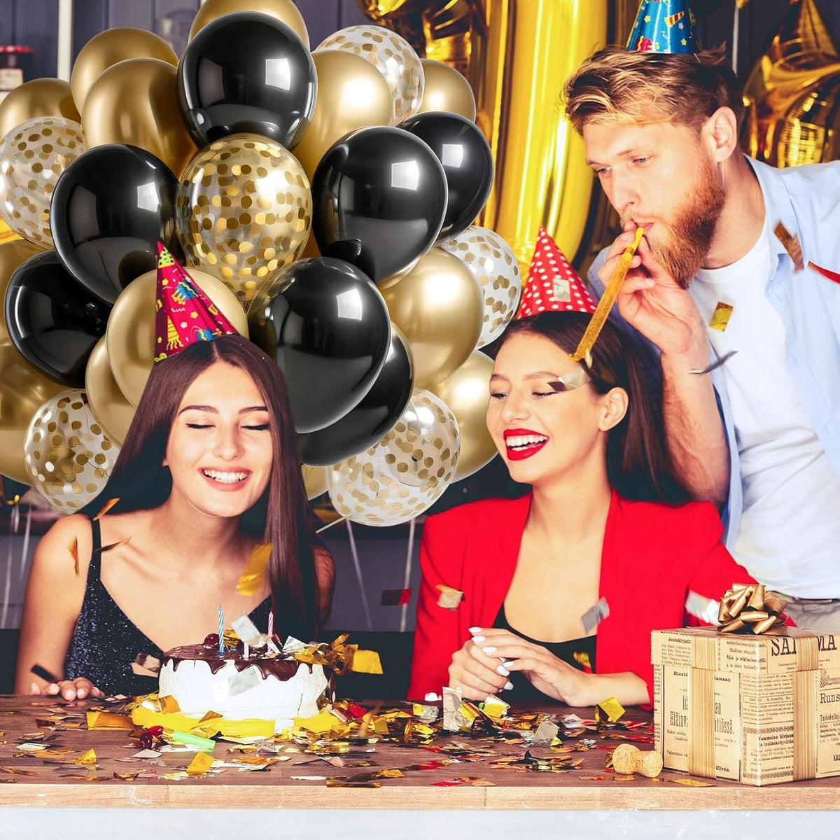 Set 16 Baloane Party din Latex și Confetti, Accesorii Decor Petrecere, Compatibile Aer sau Heliu, 30 cm, Auriu și Negru