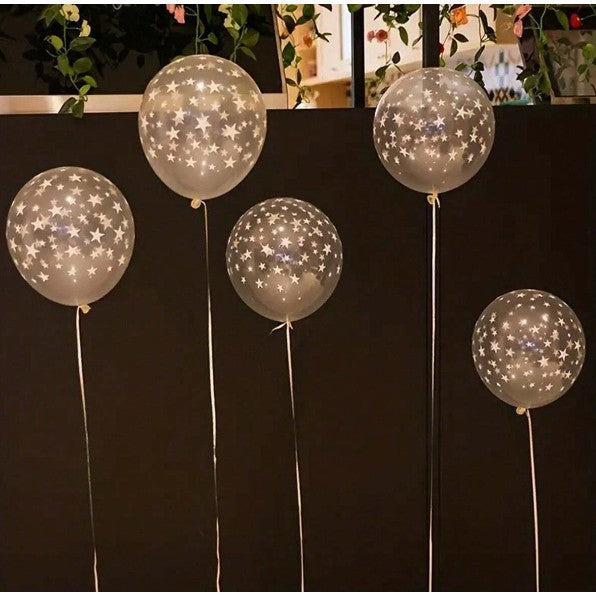 Set 10 Baloane Party din Latex Transparent, Model Stelute Albe, Compatibile Aer sau Heliu, 30 cm, 2.8 g