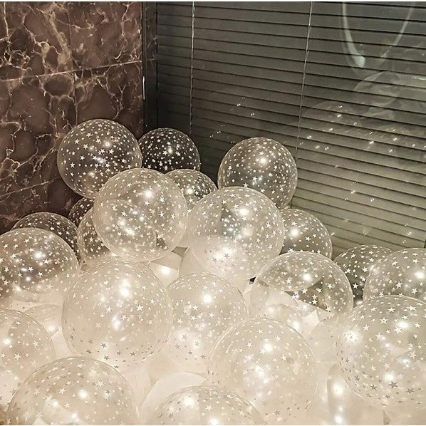 Set 10 Baloane Party din Latex Transparent, Model Stelute Albe, Compatibile Aer sau Heliu, 30 cm, 2.8 g