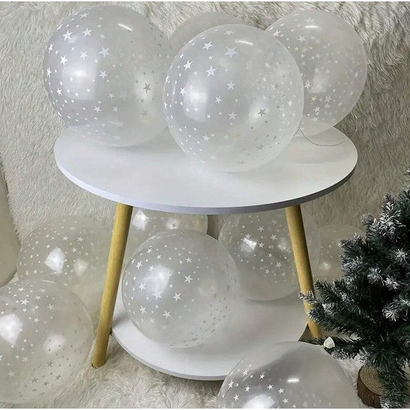 Set 10 Baloane Party din Latex Transparent, Model Stelute Albe, Compatibile Aer sau Heliu, 30 cm, 2.8 g