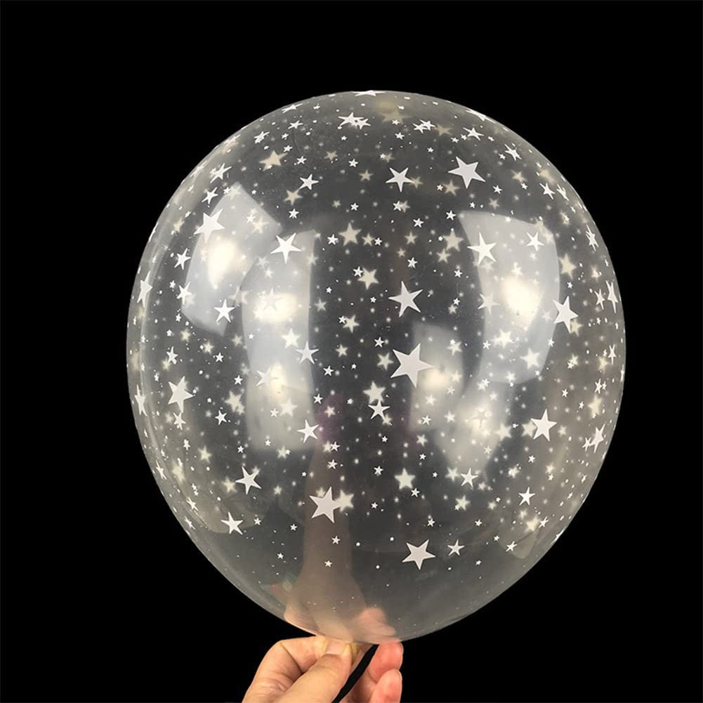 Set 10 Baloane Party din Latex Transparent, Model Stelute Albe, Compatibile Aer sau Heliu, 30 cm, 2.8 g