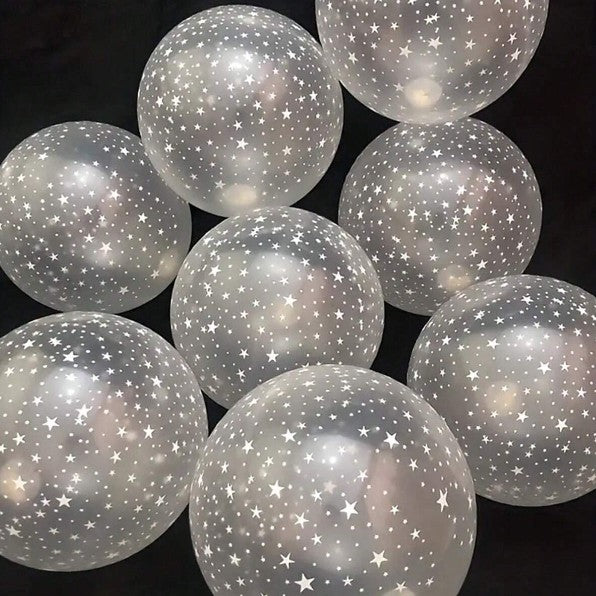 Set 10 Baloane Party din Latex Transparent, Model Stelute Albe, Compatibile Aer sau Heliu, 30 cm, 2.8 g