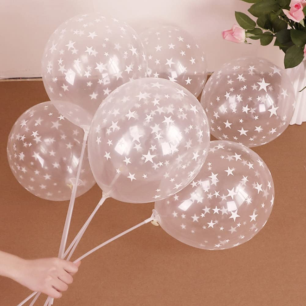 Set 10 Baloane Party din Latex Transparent, Model Stelute Albe, Compatibile Aer sau Heliu, 30 cm, 2.8 g