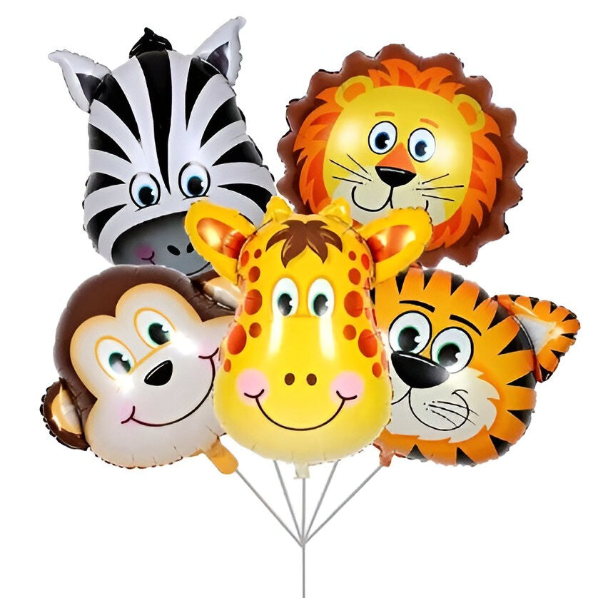 Set 5 Baloane Folie Metalizata, Figurine Animale Salbatice, Compatibile Aer si Heliu, Pai pentru Umflare Inclus, Multicolor, 30 cm