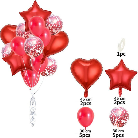 Set 14 Baloane Petrecere Tip Buchet, Figurine Stea si Inima 45 cm, Latex 30 cm, Folie Aluminiu, Umflare Aer sau Heliu, Pai Inclus, Rosu