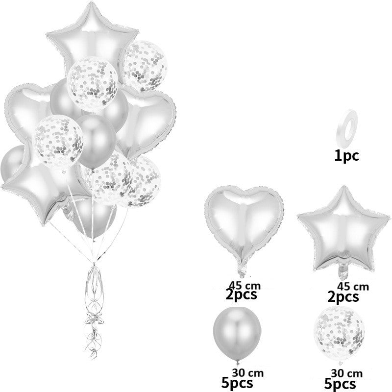 Set 14 Baloane Petrecere, Buchet Figurine Inimă și Stea 45 cm, Baloane Latex 30 cm, Umflare Aer sau Heliu, Folie Metalizată, Pai Inclus, Argintiu