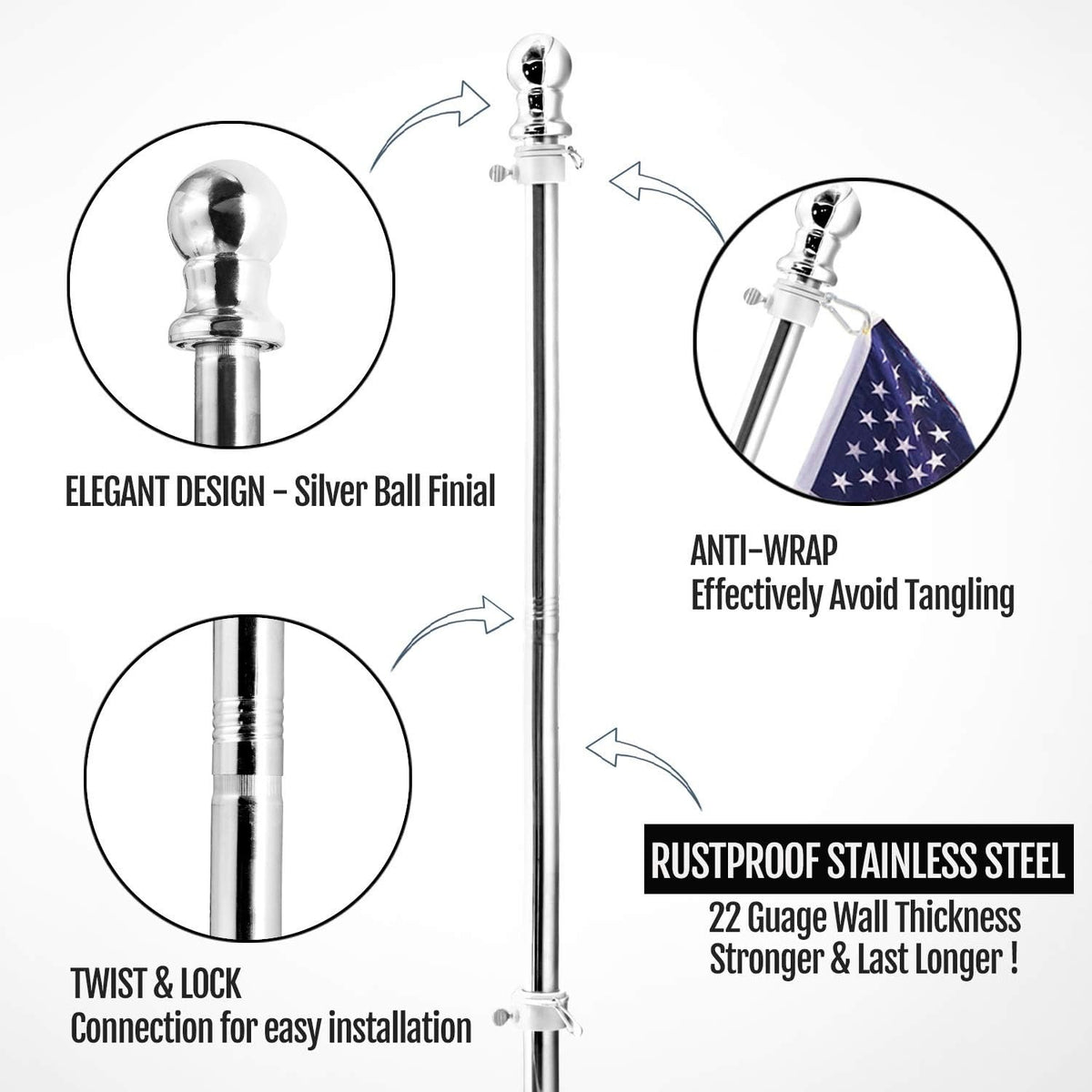 Suport de Steag Telescopic, Catarg Robust pentru Exterior și Interior, Rezistent la Vânt, Metal, 180 cm, Argintiu