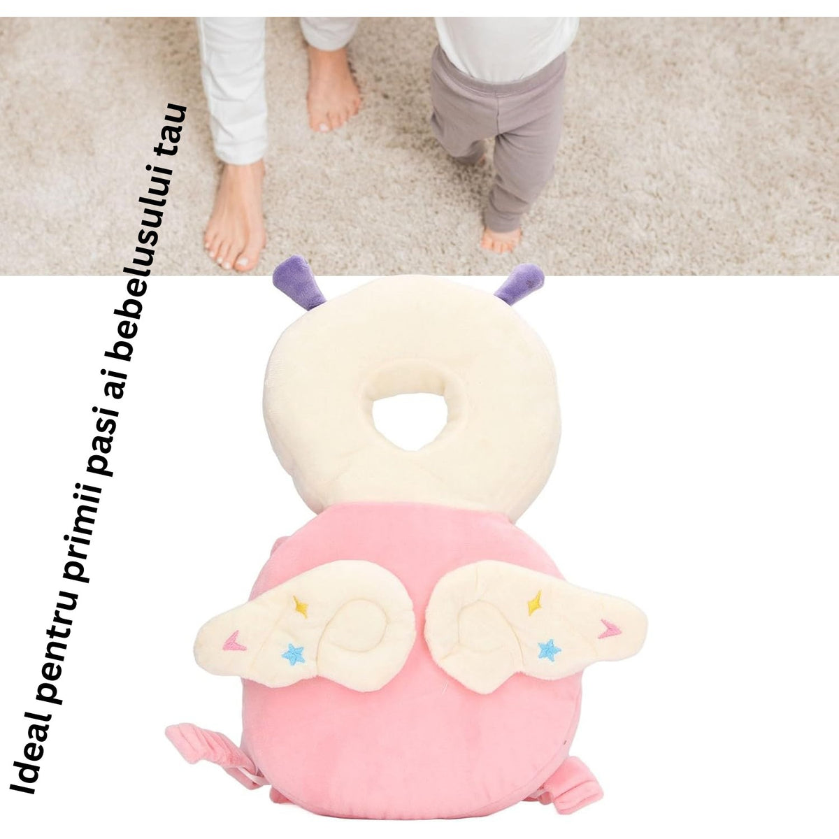 Pernă Protecție Cap Bebeluși Tip Rucsac, Tetieră Anti-Cădere pentru Învățat Mersul, Model Albinuță, Pluș Moale și Bumbac PP, 33x19x6 cm, Roz