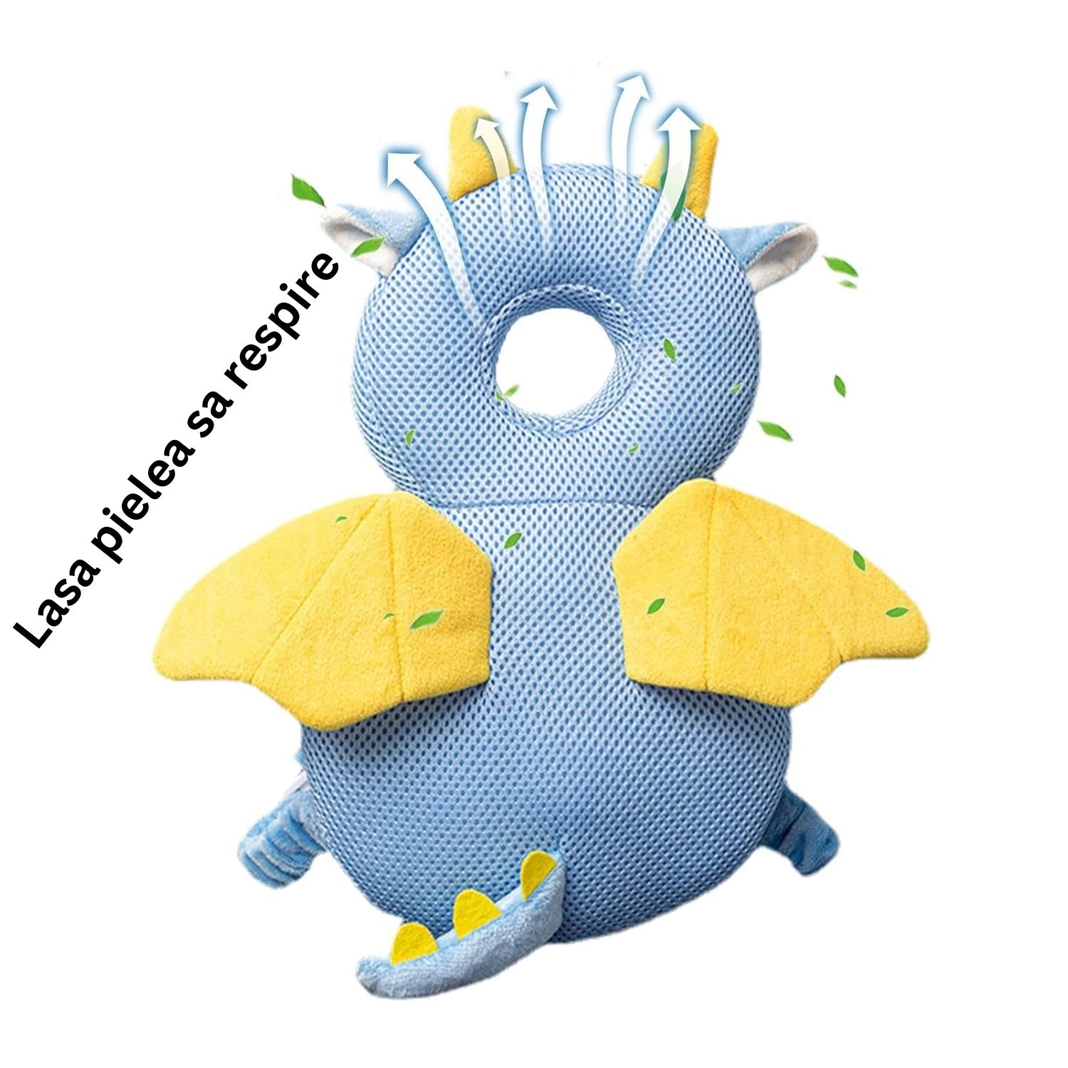 Perna Protectie Cap Bebelusi Tip Rucsac, Tetiera Antireflux pentru Mers si Gat, Model Dragon, Plus Moale si Plasa Respirabila, Bretele Ajustabile, 33x19x6 cm, Albastru