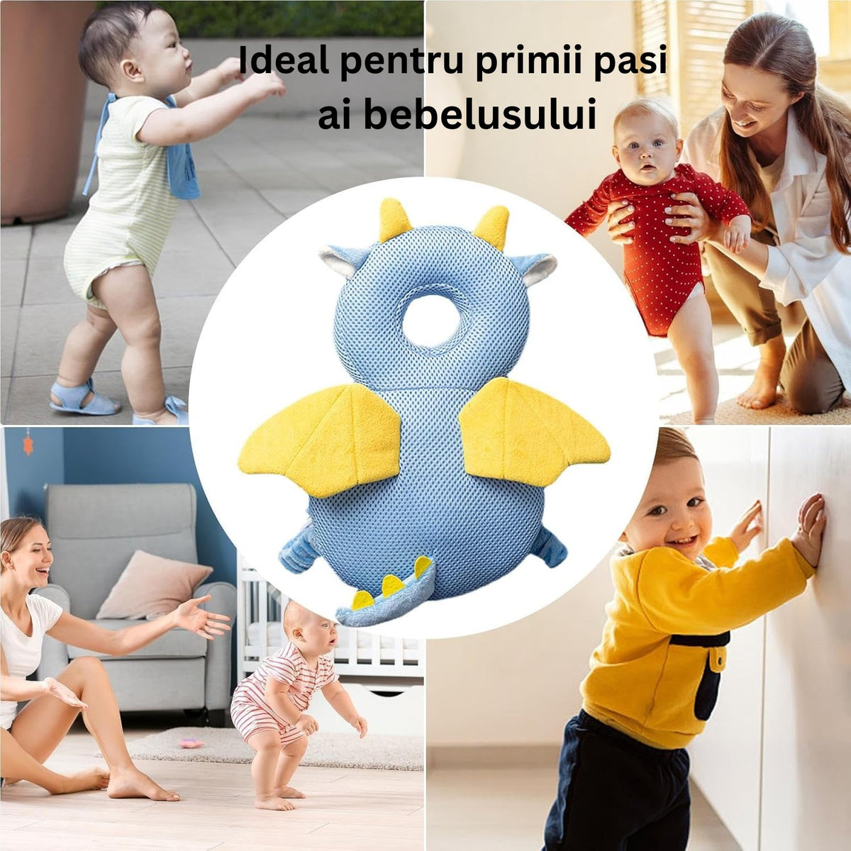 Perna Protectie Cap Bebelusi Tip Rucsac, Tetiera Antireflux pentru Mers si Gat, Model Dragon, Plus Moale si Plasa Respirabila, Bretele Ajustabile, 33x19x6 cm, Albastru