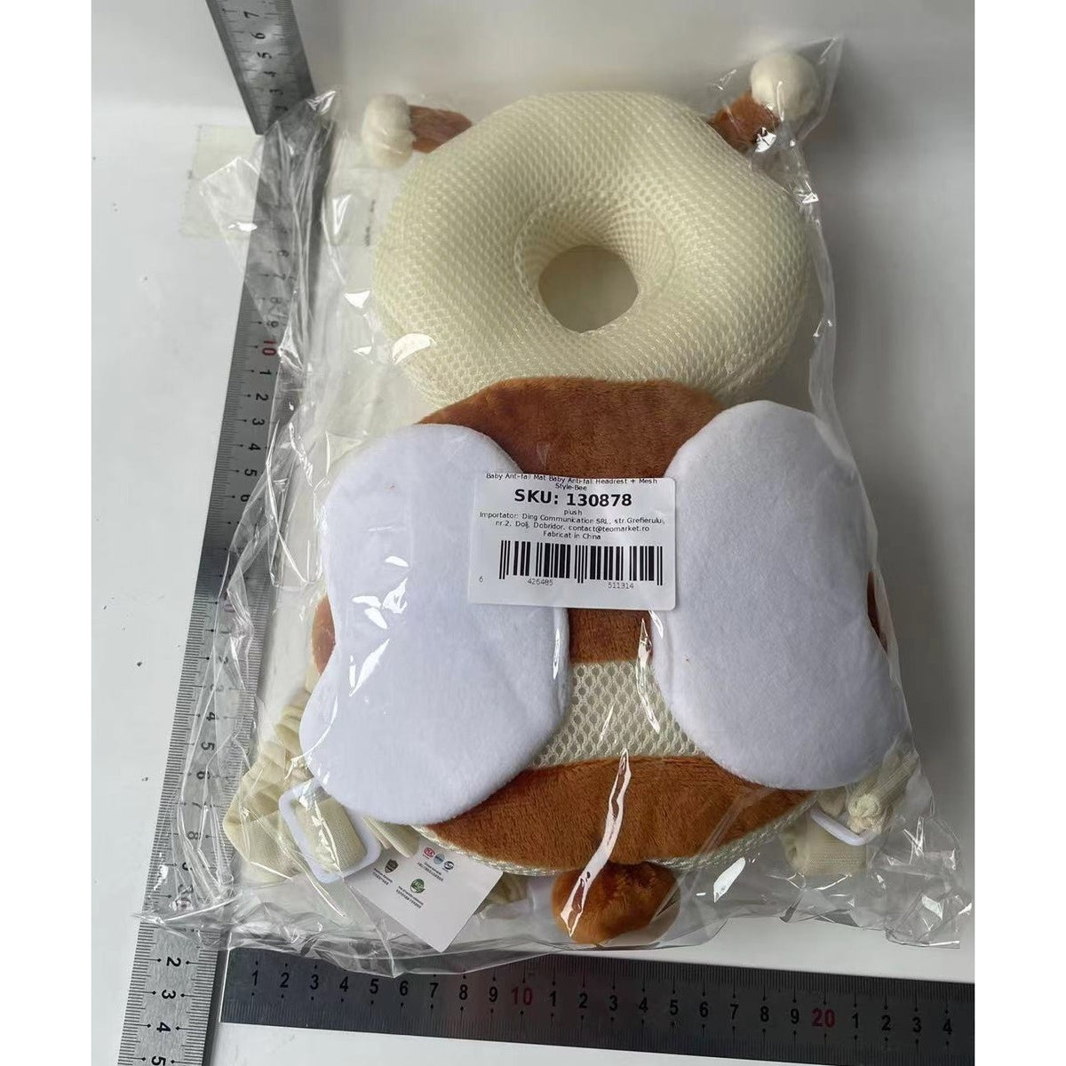 Perna Protectie Cap Bebelusi, Rucsac Protectie Anti-Cadere cu Bretele Ajustabile, Model Albina, Plus Moale si Respirabil, 33x19x6 cm, Maro/Bej