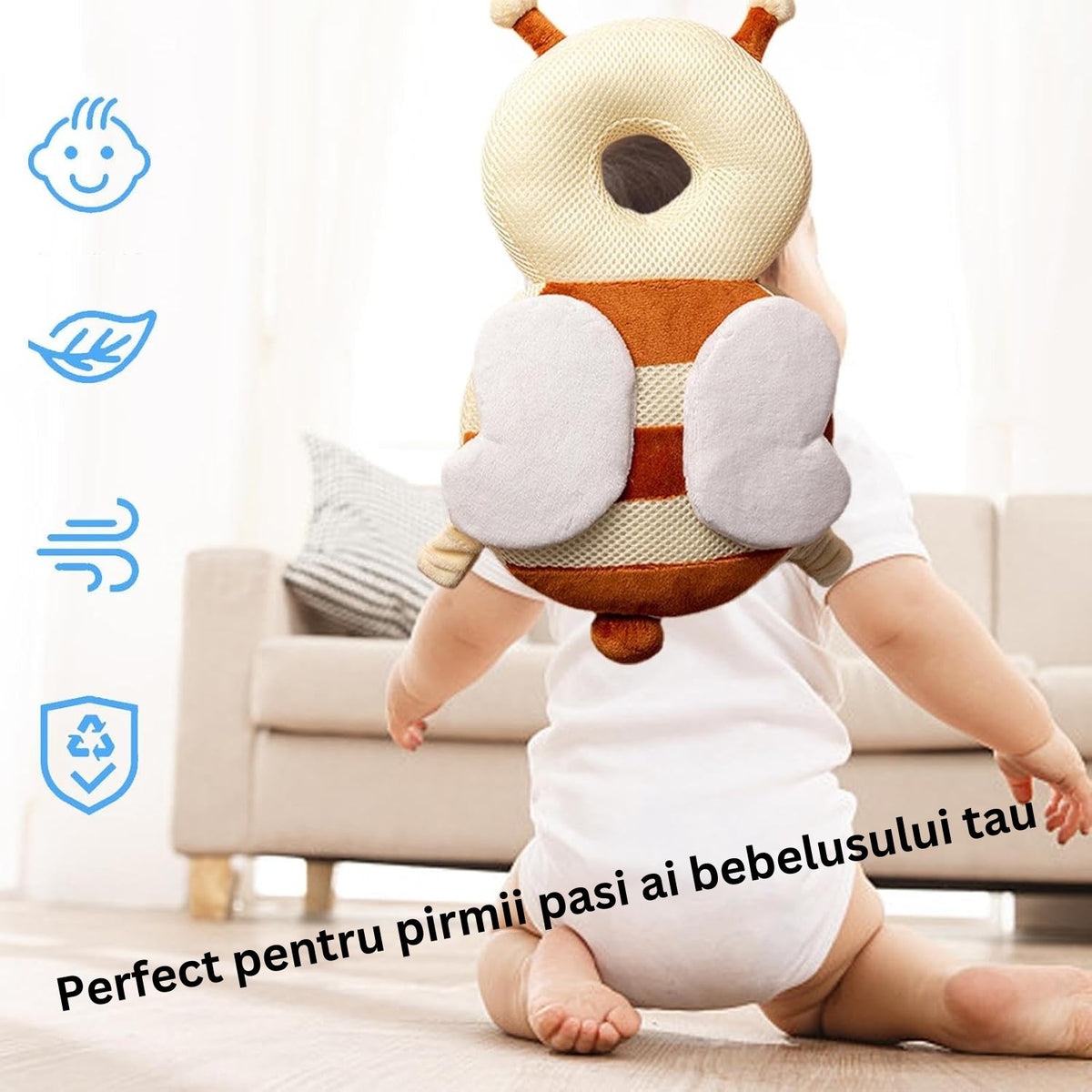 Perna Protectie Cap Bebelusi, Rucsac Protectie Anti-Cadere cu Bretele Ajustabile, Model Albina, Plus Moale si Respirabil, 33x19x6 cm, Maro/Bej