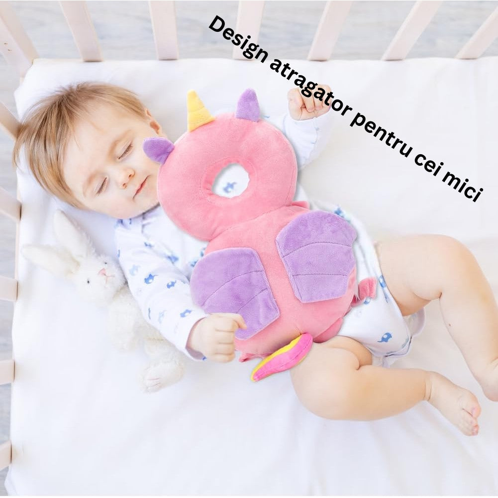 Perna Protectie Cap Bebelusi Tip Rucsac, Tetiera Antireflux cu Bretele Ajustabile, Plus Moale si Bumbac PP, Design Unicorn, Roz, 33x19x6 cm