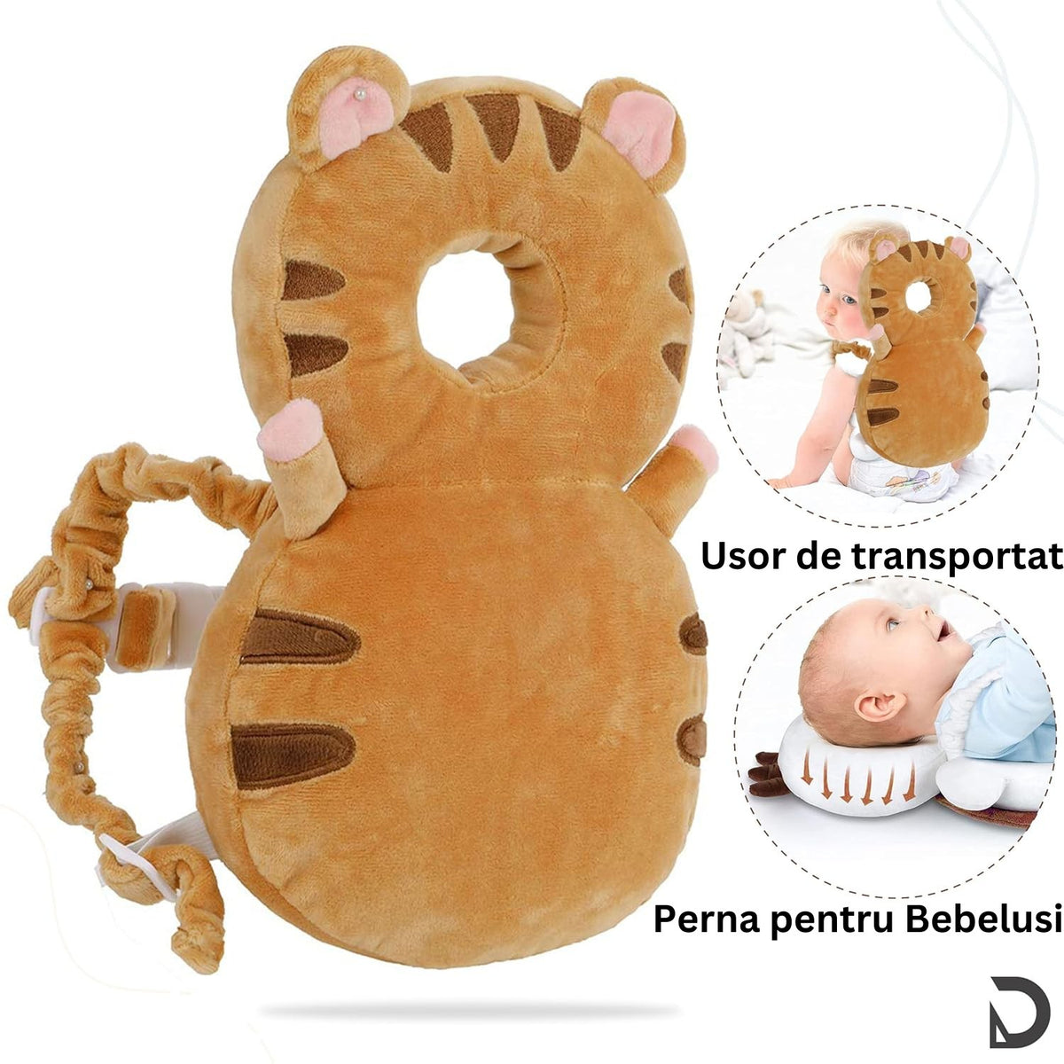 Perna Protectie Cap Bebelusi tip Rucsac, Tetiera Antireflux pentru Siguranta, Material Plus Moale cu Umplutura Bumbac, Design Tigru, Maro, 33x6x19 cm, 180 g