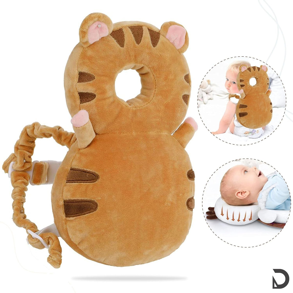 Perna Protectie Cap Bebelusi tip Rucsac, Tetiera Antireflux pentru Siguranta, Material Plus Moale cu Umplutura Bumbac, Design Tigru, Maro, 33x6x19 cm, 180 g