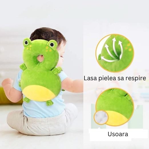 Perna Protectie Cap Bebelusi Tip Rucsac, Tetiera Antireflux pentru Mers si Joaca, Bretele Ajustabile, Plus Moale, Model Broscuta, Verde, 33x6x19 cm