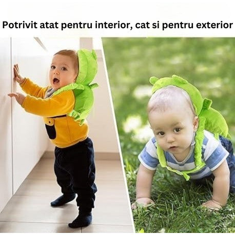 Perna Protectie Cap Bebelusi Tip Rucsac, Tetiera Antireflux pentru Mers si Joaca, Bretele Ajustabile, Plus Moale, Model Broscuta, Verde, 33x6x19 cm