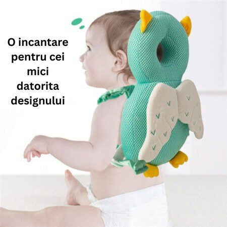 Perna Protectie Cap Bebelusi Tip Rucsac, Tetiera Antireflux din Plus Respirabil, Bretele Ajustabile, Design Bufnita, 33x19x6 cm, Albastru